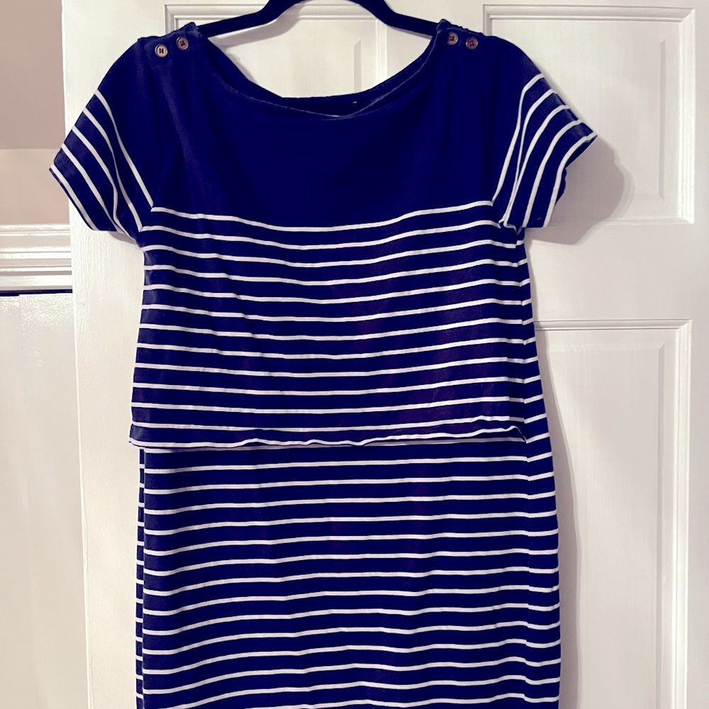 Jojo Maman Bebe Blue and white striped maternity/nursing dress size Medium